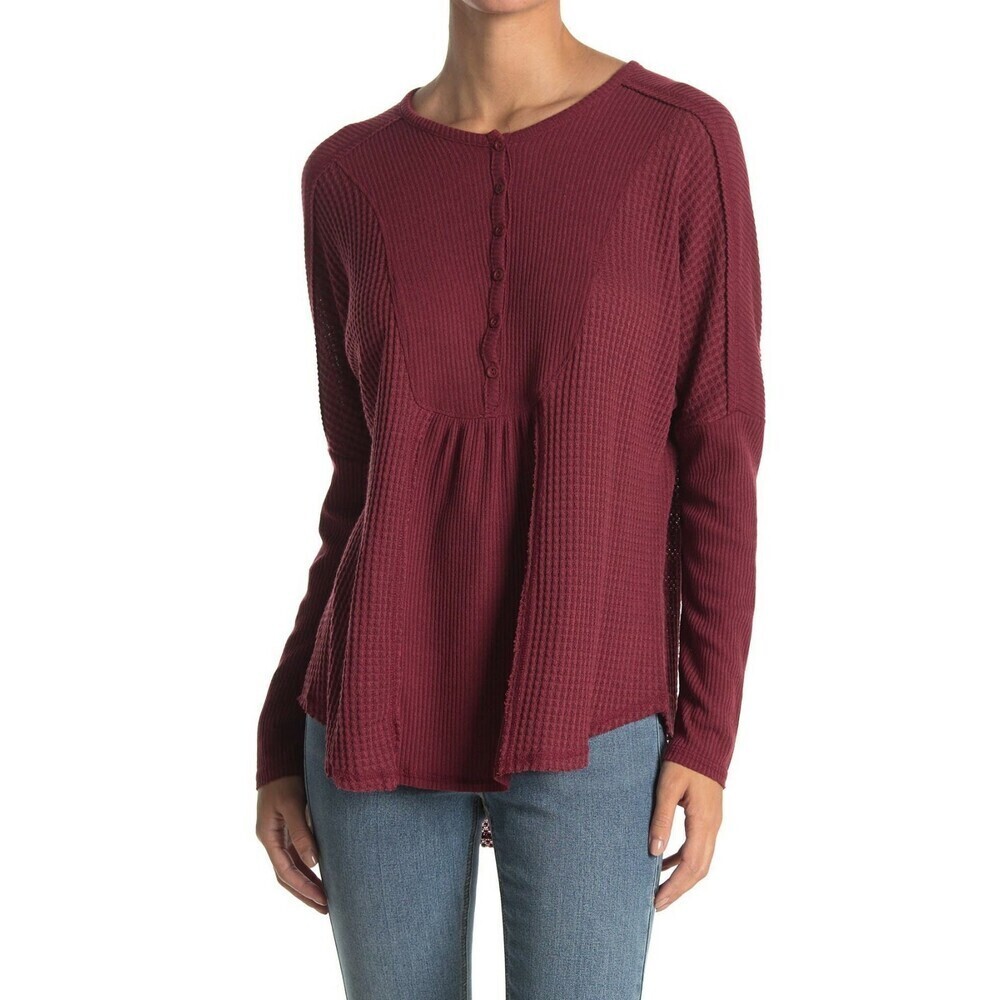 GIBSON LOOK Women's Mixed Rib Waffle Knit Henley In Burgundy Size S